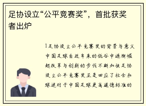 足协设立“公平竞赛奖”，首批获奖者出炉