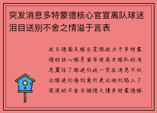 突发消息多特蒙德核心官宣离队球迷泪目送别不舍之情溢于言表